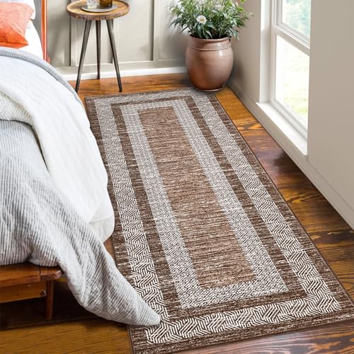 2x6 Modern Bordered Runner Rug Soft Non Slip Washable Floor Carpet (Dark Brown / 2' x 6' (Runner))