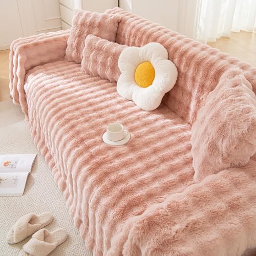Faux Fur Plush Sofa Covers for Couch Washable Rabbit Plush Couch Cover Cozy Faux Fur Sectional Covers for Dogs Fluffy Plush L Shaped Sofa Cover Pet Couch Protector (71" x 134" / Z-plush:pink)