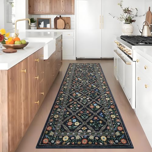 Washable Kitchen Rugs Non Slip 2x6 Hallway Runner Stain Resistant Low Pile Rug (Navy/Black / 2' x 6' (Rectangular))