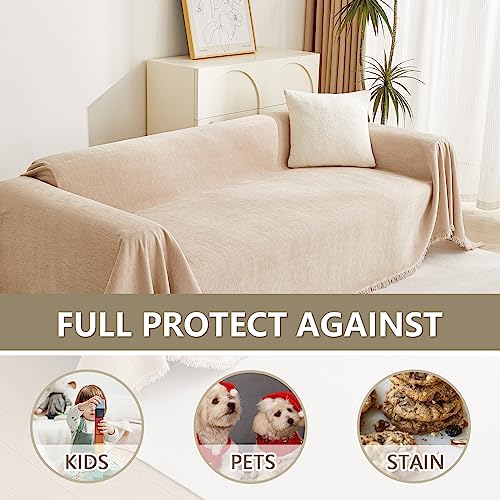 Couch Cover 3 Cushion Sofa With Tassel Chenille Slipcover for Sectional L Shaped Furniture (71" x 150" / Tassels Edge-khaki)