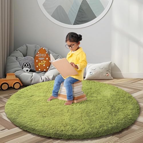 Grass Green Round Shag Area Rug for Bedroom (Grass Green / 3' (Round))