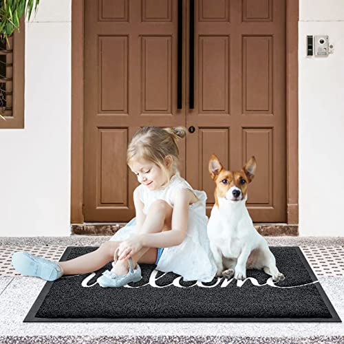 Black Door Mat Welcome Mats Outdoor Indoor Doormat for Entryway Floor Mat (Black Welcome / 2' x 3' (Rectangular))