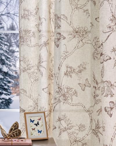 Floral Linen Curtains for Living Room 84 Inch Length Butterfly Curtain Taupe Floral Curtains French Country Farmhouse Curtain Flower Patterned Drapes Window Treatment Set 2 Panels (Flower Taupe / 50"W x 84"L (Pack of 2))
