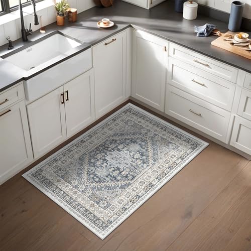 2x3 Entryway Rug Washable Rug Runner for Kitchen (Blue/Beige / 2' x 3' (Runner))
