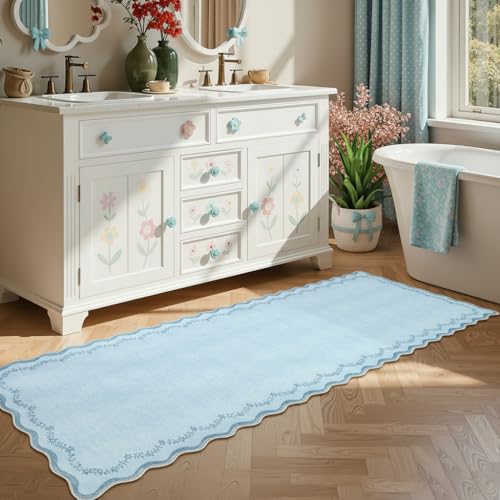 2.5x8 Scalloped Washable Runner Rug Non Slip Hallway Kitchen Rug (Light Blue / 2'6" x 8' (Rectangular))