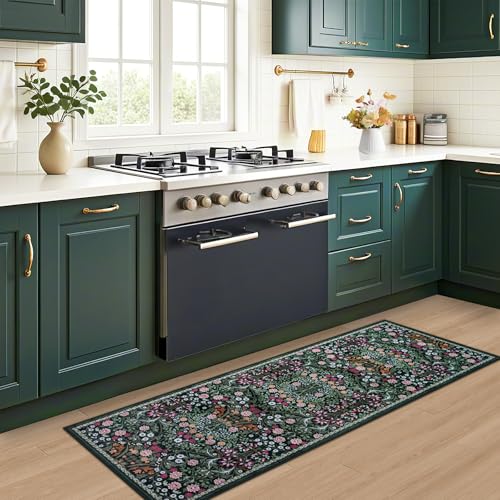2x6 Washable Runner Rug：Floral Indoor Kitchen Carpet Dark Green (Dark Green / 2' x 6' (Runner))