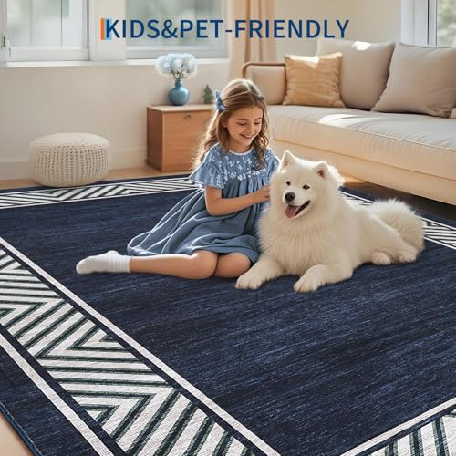 Washable Hallway Rug 2x6 Narrow Modern Bordered Floor Runner (Navy / 2' x 6' (Rectangular))