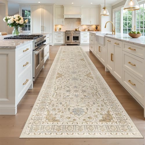 Hallway Runner Rug 3x14 Washable Kitchen Runners Long (Beige/Blue / 3' x 14' (Runner))