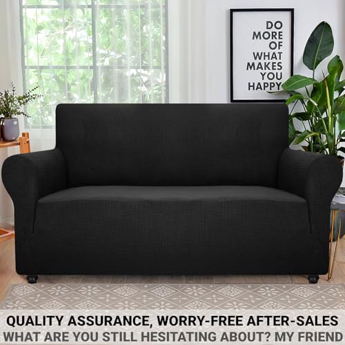 Super Stretch Couch Cover Love Seat Sofa Covers for Living Room Dogs Pet Friendly Furniture Protector Spandex Loveseat Slipcovers with Anti Slip Foam Sticks (Black / Medium (57"-70"))
