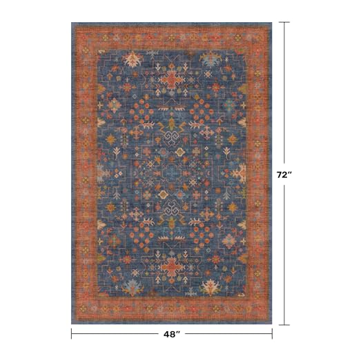 Washable 4x6 Small Rug for Living Room (4' x 6' (Rectangular) / Blue / Terracotta)