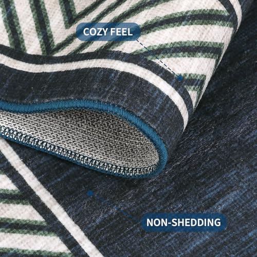 Washable Hallway Rug 2x6 Narrow Modern Bordered Floor Runner (Navy / 2' x 6' (Rectangular))