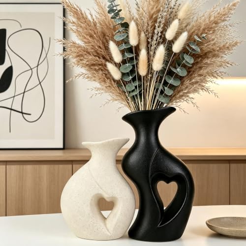 Modern Heart Ceramic Vases Flower Vase Set of 2 (Cream & Black)