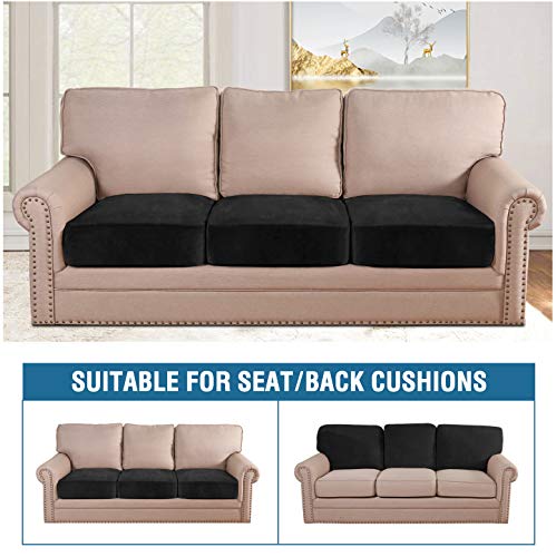 Velvet Stretch Couch Cushion Cover Plush Cushion Slipcover for Chair Loveseat Sofa Cushion Furniture Protector Seat Cushion Sofa Cover (Black / 3 Cushion Sofa)