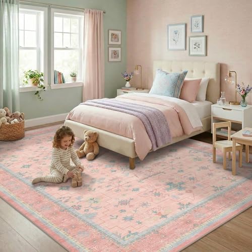 Washable Pink and Blue 7x9 Boho Rugs for Bedroom Girls (7' x 9' (Rectangular) / Pink / Blue)