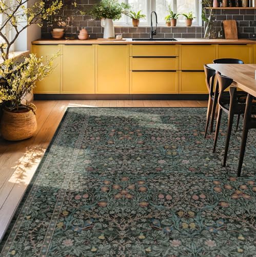 Floral Dark Green Washable Area Rugs 8x10 (Dark Green / Black / 8' x 10' (Rectangular))