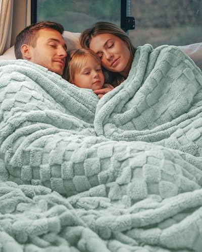 Plush Checkered Fleece Blanket Sage Green Throw (Sage Green / Throw)
