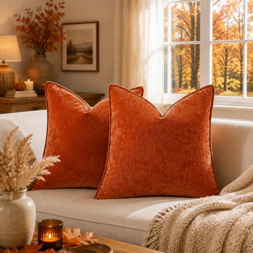 Fall Chenille Rust Velvet Throw Pillow Covers 18x18 Set of 2 (Rust / 18" x 18" (Pack of 2))