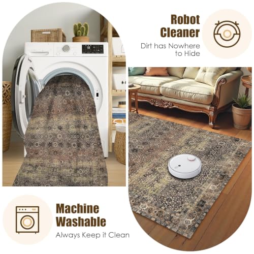 Washable Area Rug 8' x 10' Vintage Traditional Persian Mat (Umber and Slate / 8' x 10' (Rectangular))