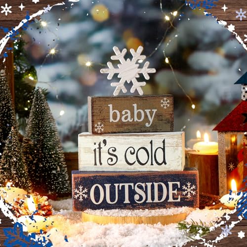 4 Pcs Wooden Block Signs Baby Its Cold Outside Farmhouse Decor (Snowflake)