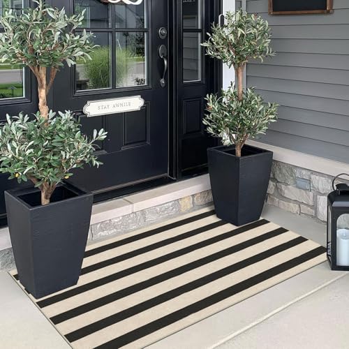 Front Door Mat Indoor Entrance (Striped - Black / Cream / 2' x 4'3" (Rectangular))