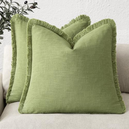 Decorative Linen Fringe Throw Pillow Covers 20×20 Lush Green (20" x 20" (Pack of 2) / Greenery)