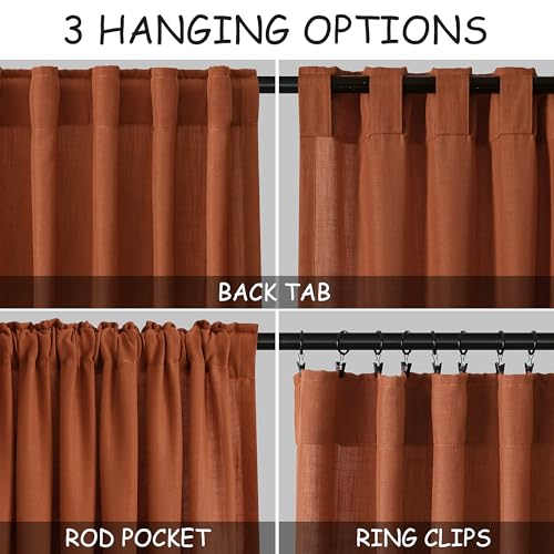 Terracotta Linen Curtains 63 Inches Length 2 Panels for Living Room Back Tab Pocket Light Filtering Semi Sheer Drapes Cotton Linen Textured Brick Burnt Orange Window Curtain 52X63 Inch (52"W x 63"L (Pack of 2) / Terracotta)