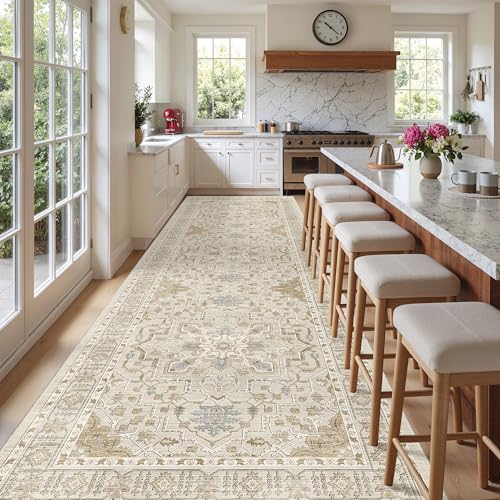 4x12 Wide Hallway Runner Rug Washable for Living Room (Beige/Blue / 4' x 12' (Runner))