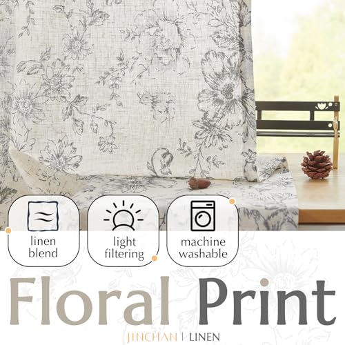 Vintage Floral Linen Curtains 84 Long for Living Room 2 Panels (Grey / 50"W x 84"L (Pack of 2))