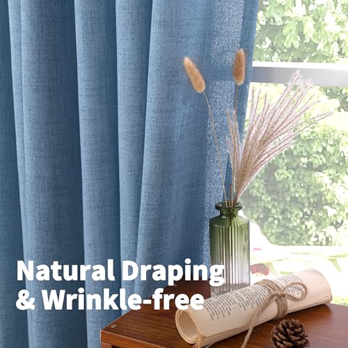 Denim Blue Linen Semi Sheer Curtains 80 Inch Length for Living Room (Denim Blue / 52"W x 80"L (Pack of 2))