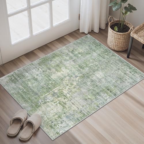 2x3 Abstract Washable Rugs for Kitchen (Green/Ivory / 2' x 3' (Rectangular))