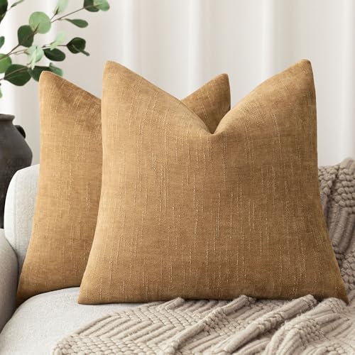 Solid Textured Chenille Throw Pillow Covers 24x24 (24" x 24" (Pack of 2) / Amber Gold)