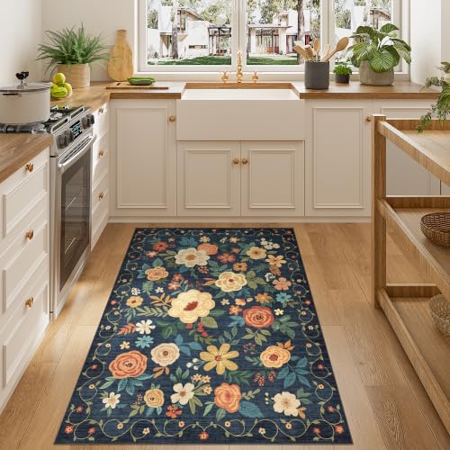 3x4 Area Rug Floral Washable Rug for Kitchen Non Slip (Navy Blue / 3' x 4' (Rectangular))