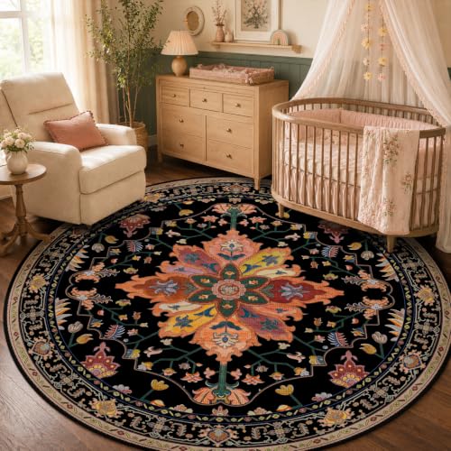 Washable Area Rug (Black/Colorful / 5' (Round))