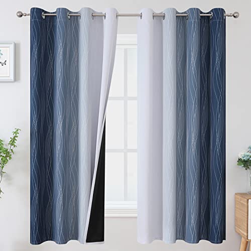 Navy Blue and Greyish White Blackout Curtains for Boys Bedroom 63 Inch Long (Navy Blue and Greyish White / 52"W x 63"L (Pack of 2))
