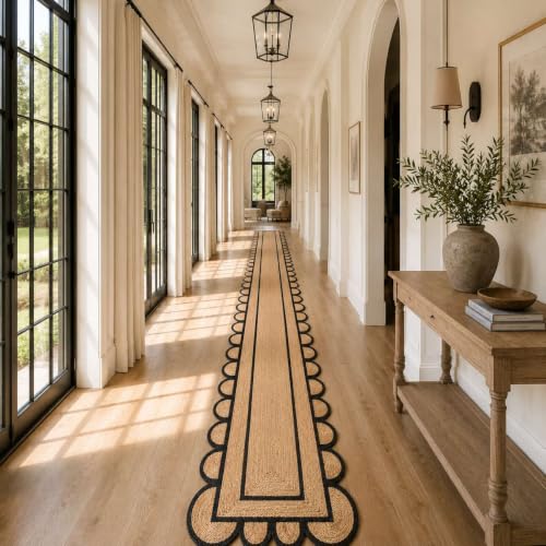 Jute Runner Rug 2.5x20 Ft with Scalloped Border (Black / 2'7" x 20' (Rectangular))