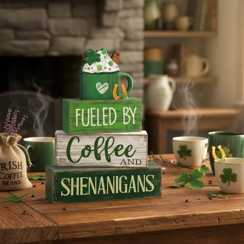 4 Pcs Wooden Tiered Tray Decor Irish Farmhouse Table Sign Coffee (Shamrock)