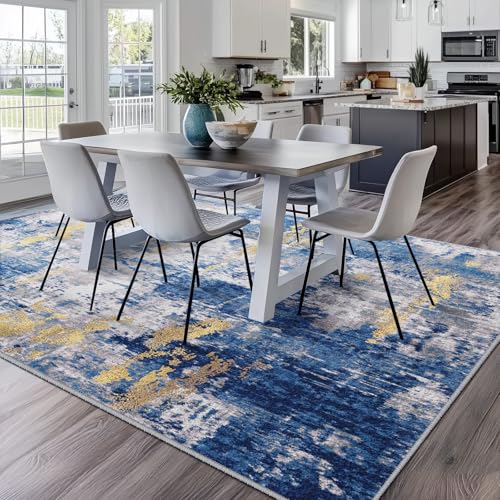 Washable 7'x9' Abstract Area Rug for Living Room Blue Gold (Blue/Gold / 7' x 9' (Rectangular))