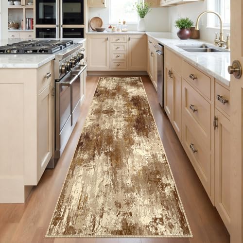 Washable Runner 2'x6' Abstract Area Rug for Hallway Brown Tan (Brown/Tan / 2' x 6' (Runner))