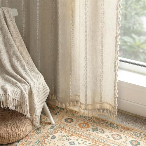 Boho Light Filtering Curtains 63 Inch 2 Panels with Tassels (Light Beige / 52"W x 63"L (Pack of 2))