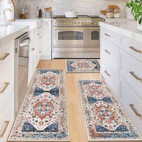 HEBE Boho Kitchen Rugs Set of 3 (Rust / 20"x32"+20"x48"+20"x59")