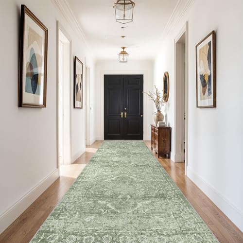 4x10 Washable Hallway Runner Rug (Muted Sage Green / 4x10)