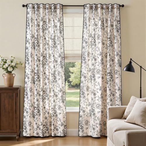 Vintage Floral Linen Curtains 90 Long for Living Room 2 Panels (Black / 50"W x 90"L (Pack of 2))