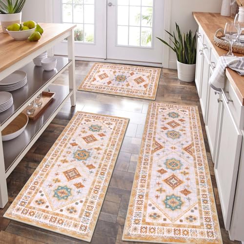 HEBE Boho Kitchen Rugs Set of 3 (Colorful Cream / 20"x32"+20"x48"+20"x59")