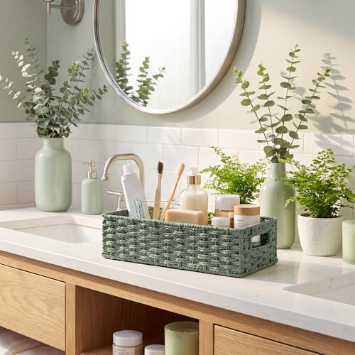 Wicker Toilet Basket Tank Topper for Sage Green Bathroom Decor (Green / 14¼" L x 6¾" W x 3¾" H)