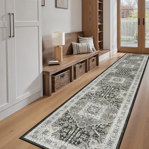 Washable Runner Rugs 2x10 for Hallway Kitchen Grey Green (Grey Green/Black Olive / 2' x 10' (Runner))