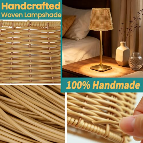 Outdoor Waterproof Cordless Set of 2 Rechargeable Portable Top Touch Battery Operated Powered LED Table Lamp Desk Lamp Lights for Restaurant Kitchen Patio Dinner Dining ((2 Pack)Gold+Wicker Lampshade)