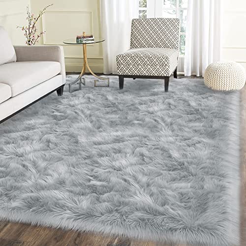 5x8 Gray Area Faux Fur Rug for Living Room Sofa Floor Washable Fluffy Rugs Fuzzy Rugs for Bedroom Dorm Luxury Home Decor (5' x 8' (Rectangular) / Grey)