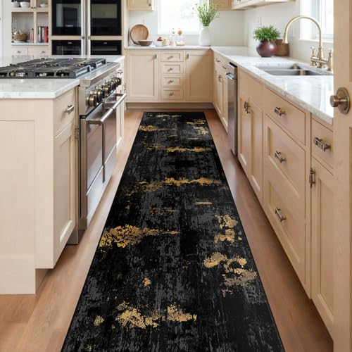Washable Runner 2'x8' Abstract Area Rug for Hallway Black Gold (Black/Gold / 2' x 8' (Runner))