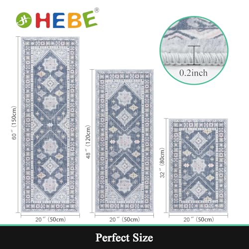 HEBE Boho Kitchen Rugs Set of 3 (Ash Blue / 20"x32"+20"x48"+20"x59")