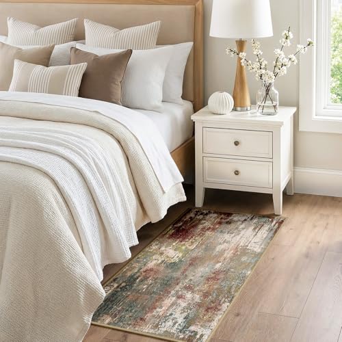 Washable 2'x4' Abstract Area Rug for Living Room Rustic Brown (Rust Red/Green/Blue/Multi / 2' x 4' (Rectangular))